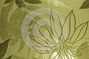 Closeup of Golden Fabric Pattern with Textured Floral Ornament