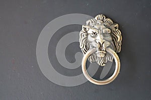 Golden lion head knocker on black door