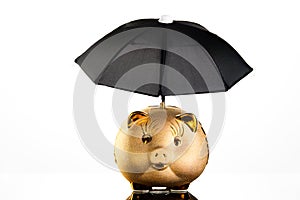 Closeup  of a golden piggy bank with a black umbrella on top isolated on a white background