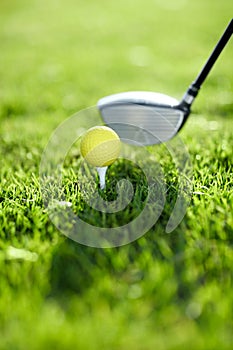 Closeup, golf ball and tee for swing on driving range for sports competition, recreation hobby or practice. Target