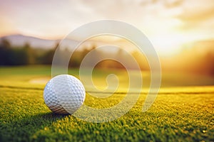 Closeup golf club and golf ball on green grass at sunset