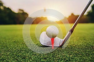 closeup golf club and golf ball on green grass wiht sunset