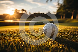 closeup golf club and golf ball on green grass wiht sunset