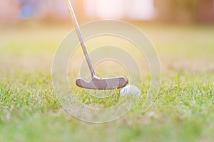 Closeup golf club and a white golf ball in the grass