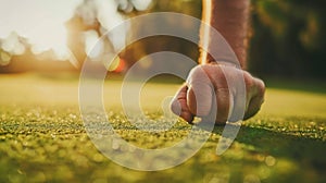 A closeup of a golfers clenched fist as they sink a crucial putt on the 18th hole