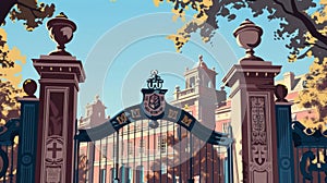 A closeup of a grand intricately designed entrance gate adorned with symbols and mottos representing the universitys photo