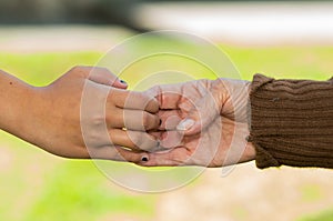 Closeup grandmother granddaughter holding hands