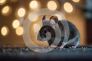 closeup of a gray little mouse on the floor blurred bokeh background and soft focus