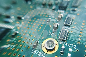 Closeup green computer PCB board. Macro picture of green printed circuit board