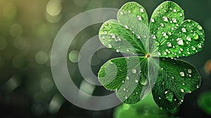 Closeup of a green four-leaf clover with water droplets