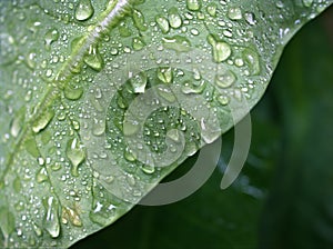 Closeup green leaf with water drops in garden with soft focus and blurred background ,rain on nature leave ,dew on plants