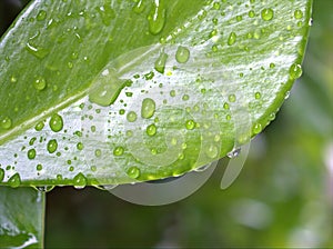 Closeup green leaf with water drops in garden with soft focus and blurred background ,rain on nature leave ,dew on plants