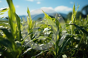 Closeup from a green leafy cornfield and an unfounded back