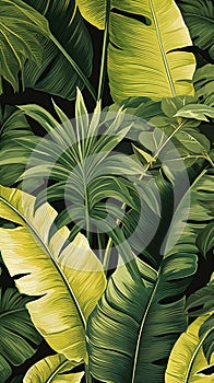 Closeup Green Leaves Wild Jungle Palms Scenery Tones Black Backg photo