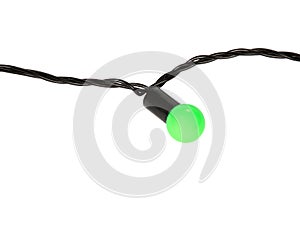 Closeup of a green light bulb on a Christmas light decoration on a white background