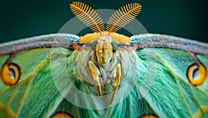 Closeup green Luna Moth, Butterfly with yellow markings on wings