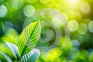 Closeup of green nature leaf on blurred greenery background in garden with bokeh and copy space using as background cover page photo