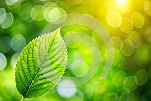 Closeup of green nature leaf on blurred greenery background in garden with bokeh and copy space using as background cover page photo