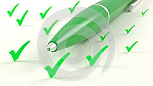 Closeup of green pen in the middle of upright tickmark 3D illustration