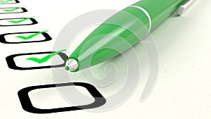 Closeup of green pen ticking a list of items 3D illustration