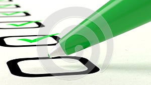 Closeup of green pen ticking a list of items 3D illustration