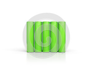 Closeup of green pile of li-ion batteries. Close up colorful rows of selection of 18650 batteries energy abstract background