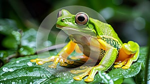 Closeup of a green tree frog on a wet leaf, AI-generated.