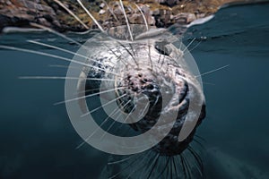 Closeup of a grey seal swimming underwater in transparent ocean water on Lundy Island, England