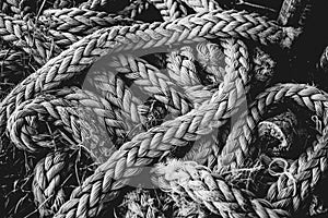 Closeup greyscale shot of a tangled up marine rope