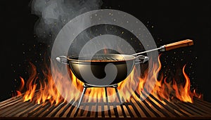 Closeup Of Grill With Fire And Charcoal. Hot empty barbecue BBQ grill with flaming fire and ember charcoal on black background