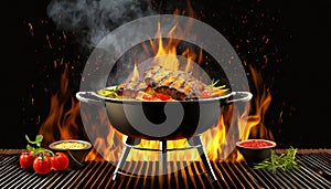 Closeup Of Grill With Fire And Charcoal. Hot empty barbecue BBQ grill with flaming fire and ember charcoal on black background