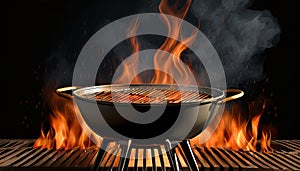 Closeup Of Grill With Fire And Charcoal. Hot empty barbecue BBQ grill with flaming fire and ember charcoal on black background