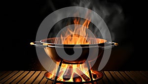 Closeup Of Grill With Fire And Charcoal. Hot empty barbecue BBQ grill with flaming fire and ember charcoal on black background