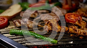 Closeup of grilled chicken kebabs with vegetables