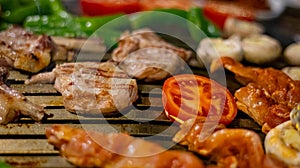 Closeup of grilled chicken kebabs with vegetables