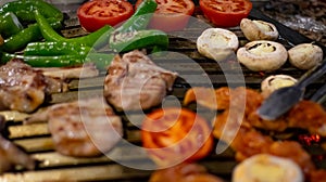 Closeup of grilled chicken kebabs with vegetables
