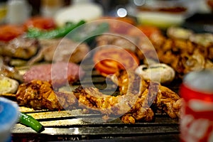 Closeup of grilled chicken kebabs with vegetables