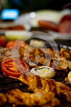 Closeup of grilled chicken kebabs with vegetables