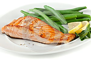 Closeup of Grilled Salmon Fellet with Green Beans