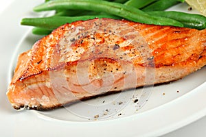 Closeup of Grilled Salmon Fillet with Green Beans