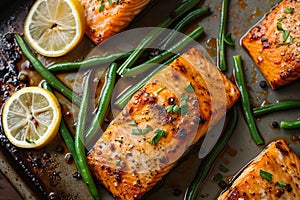 Closeup of Grilled Salmon Fillet with Green Beans