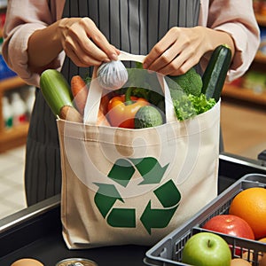 Closeup of a grocery store cashier packing food into a reusable bag
