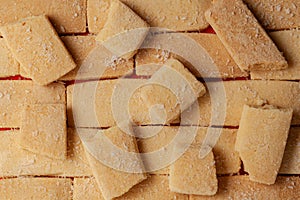 Closeup of a group of assorted Sweet and tasty coconut butter cookies.