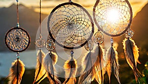 Closeup of a group of Indian Dreamcatchers at Sunset or Sunrise - Generative Ai