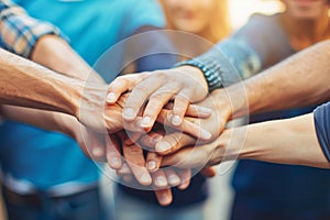 Closeup of group people joining hands together, Unity in diversity