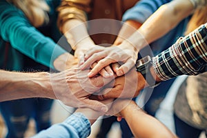 Closeup of group people joining hands together, Unity in diversity