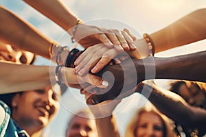 Closeup of group people joining hands together, Unity in diversity