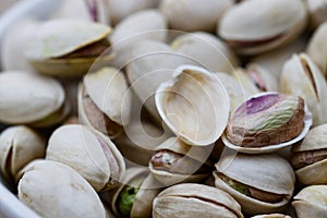 Closeup of a group of raw pistachios