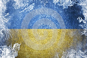 Closeup of grunge Ukrainian flag. Frozen Flag of Ukraine
