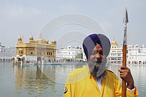 Closeup of a guard at the Golden Temple, Amritsar